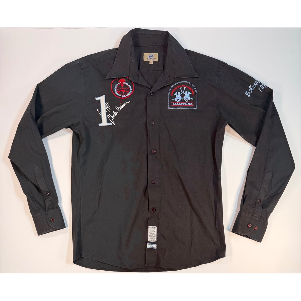La Martina Buenos Aires Black Long Sleeve Polo Shirt Embroidered Patch Mens XL
